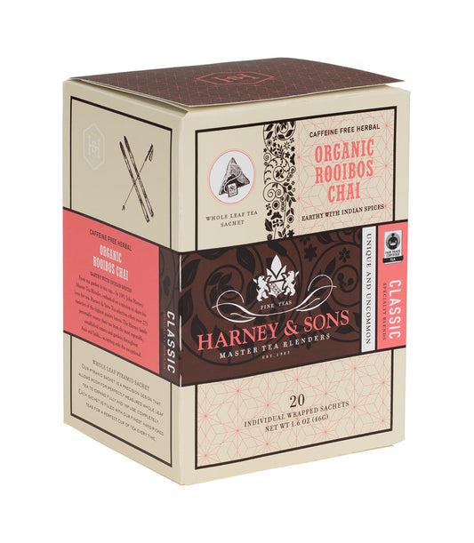 Organic Rooibos Chai - Sachets Box of 20 Individually Wrapped Sachets - Harney & Sons Fine Teas