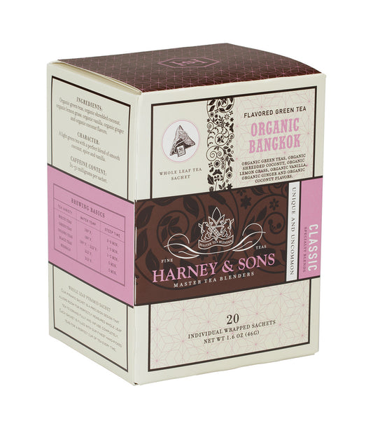 Organic Bangkok (Green Tea with Coconut, Ginger and Vanilla) - Sachets Box of 20 Individually Wrapped Sachets - Harney & Sons Fine Teas