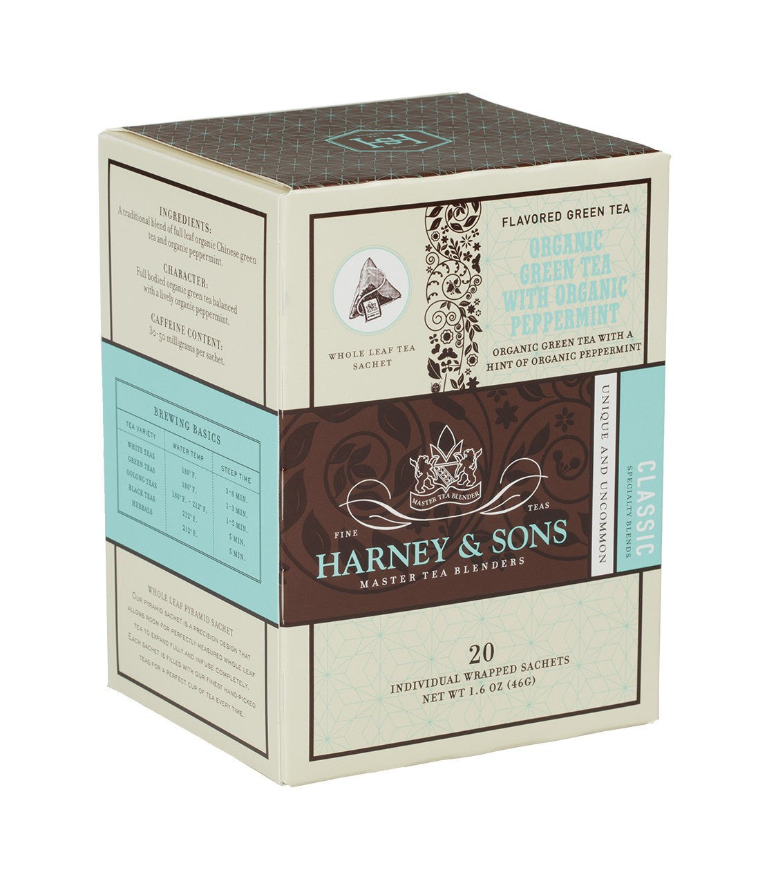Organic Green Tea with Organic Peppermint - Sachets Box of 20 Individually Wrapped Sachets - Harney & Sons Fine Teas
